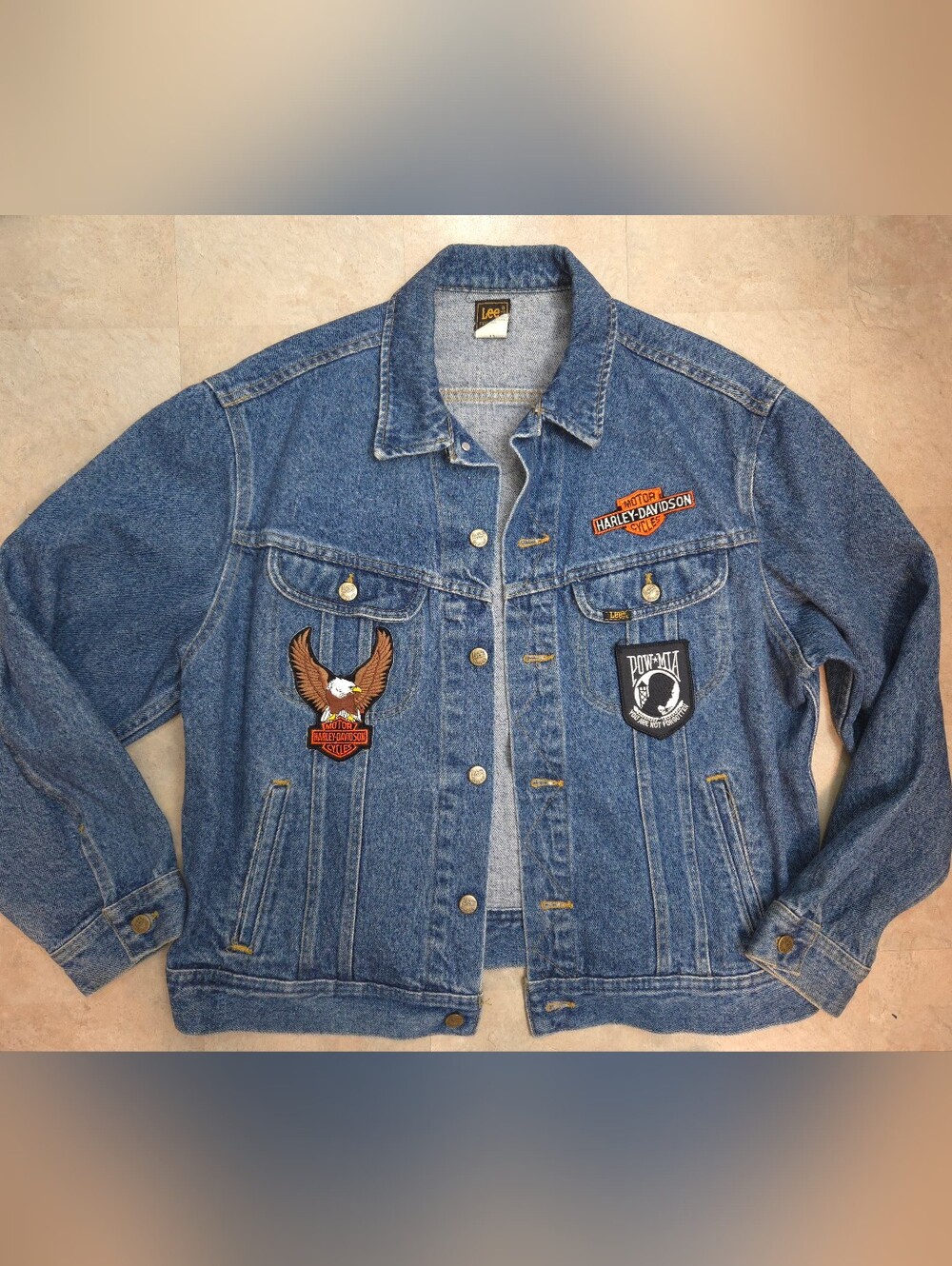 Lee Vintage Men's Blue Denim Jacket with Harley-Davidson and POW-MIA Patches L
